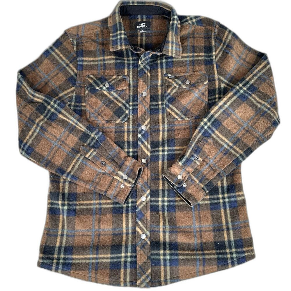 O'Neill Glacier Fleece Snap Front Shirt Stretch Mens M Plaid Flannel Brown